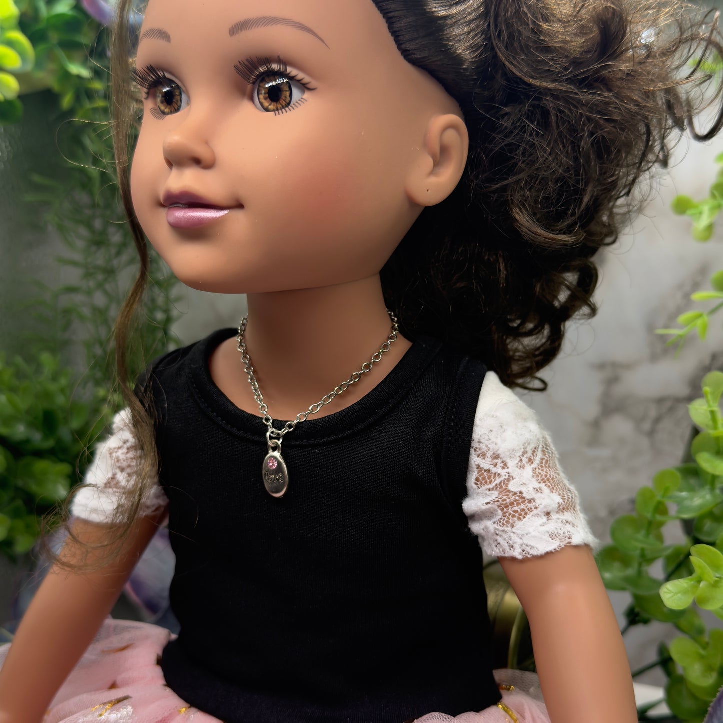 Oval Silver Pendant Etched Love Pink Rhinestone Accent Doll Necklace • 18 Inch Fashion Doll Jewelry