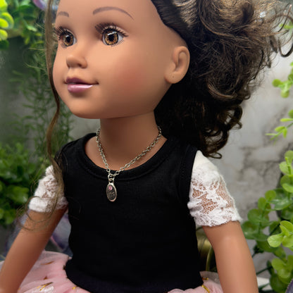Oval Silver Pendant Etched Love Pink Rhinestone Accent Doll Necklace • 18 Inch Fashion Doll Jewelry