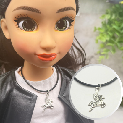 Silver Pegasus Charm Black Silicone Cord Necklace • 18 Inch Fashion Doll Jewelry