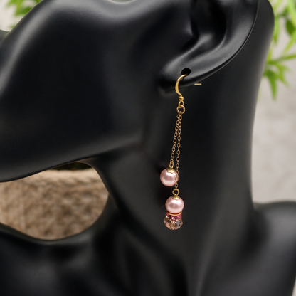Pink Glass Crystal Pearl Rhinestone Gold Tone Chain • Handmade Dangle Earrings