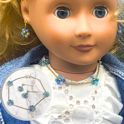 Blue Glass Flower Design Gold Chain Necklace Earrings Set • 18” Doll Jewelry