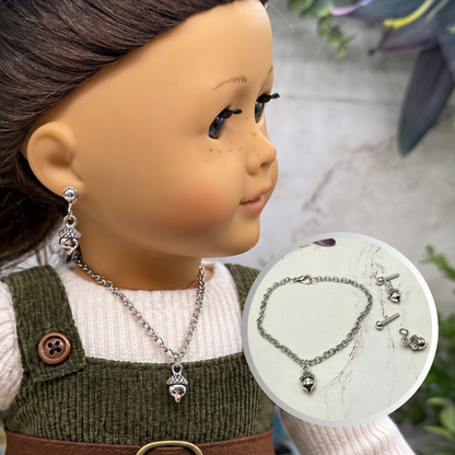 Acorn Harvest Autumn Charm Silver Doll Necklace and 2mm Post Earrings Set | for 18 Inch Fashion Doll • American Girl