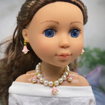 Light Pink Bell Flower Dangle Pearl Beaded Doll Necklace & Earrings • 14 Inch Fashion Doll Jewelry