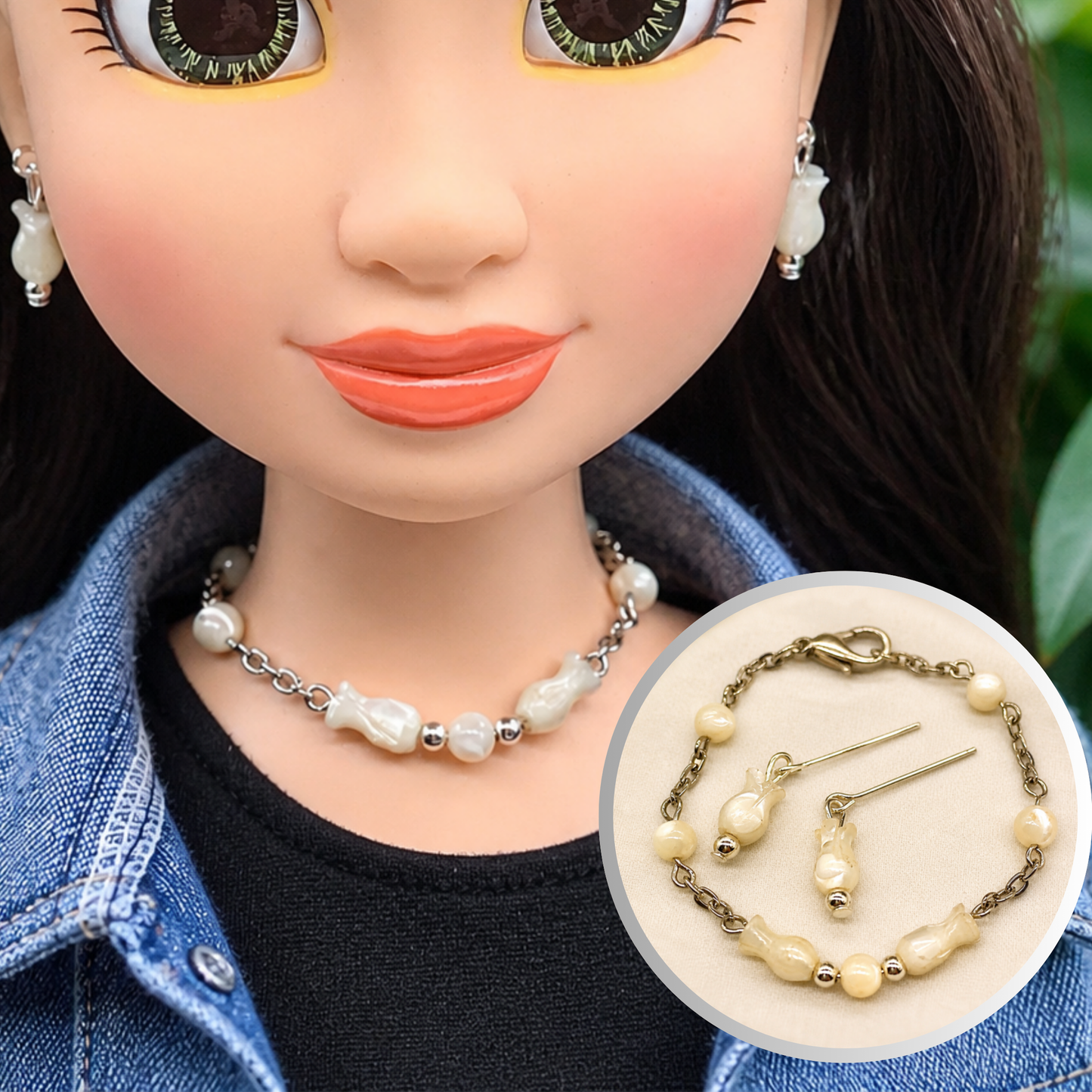 Cream Pearly Tulip Shape Beaded Doll Necklace Earring Set • 18 Inch Doll Jewelry