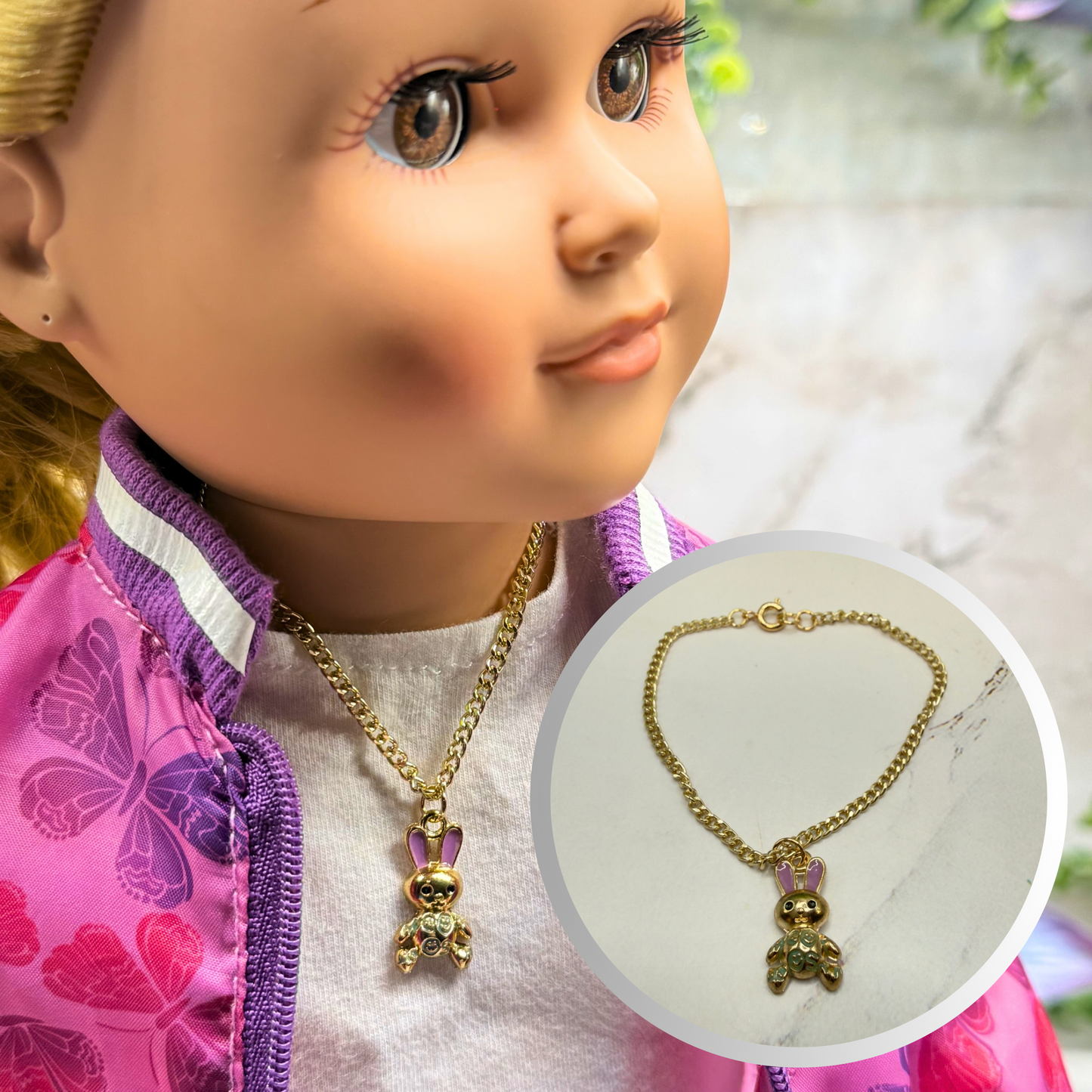 Bunny Purple & Green Enamel Detail Charm Doll Necklace Easter • 18 Inch Fashion Doll Jewelry