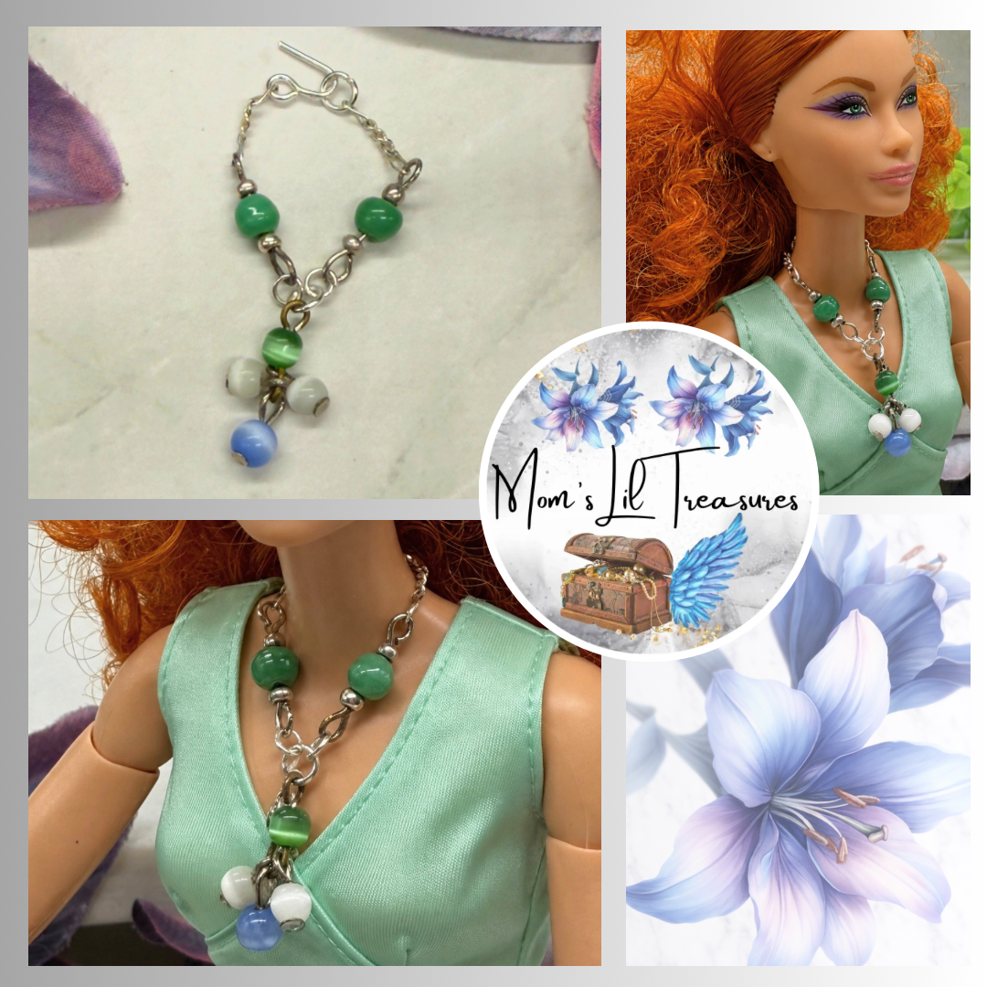 Green Blue White Dangle Doll Necklace • 10 - 12” Fashion Doll Jewelry 1:6