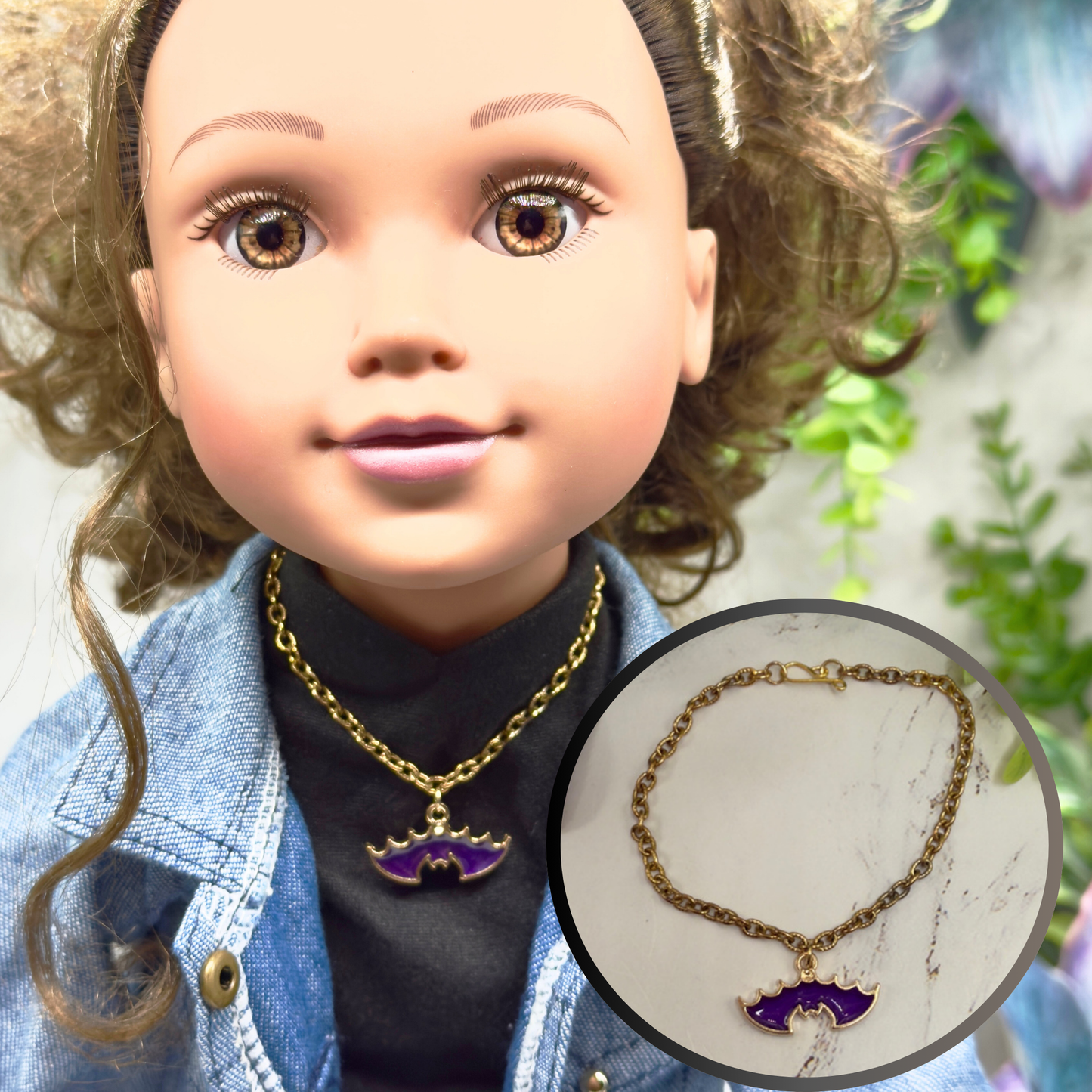 Purple Bat Charm Halloween Doll Necklace • 18 Inch Fashion Doll Jewelry