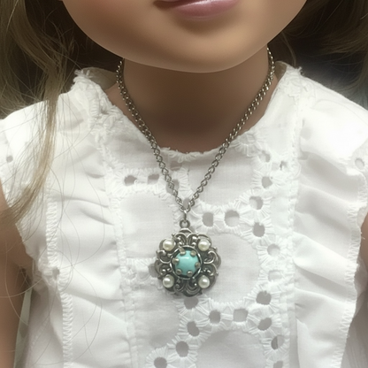 Light Blue Pearl Silver Pendant Doll Necklace • 18” Fashion Doll Jewelry