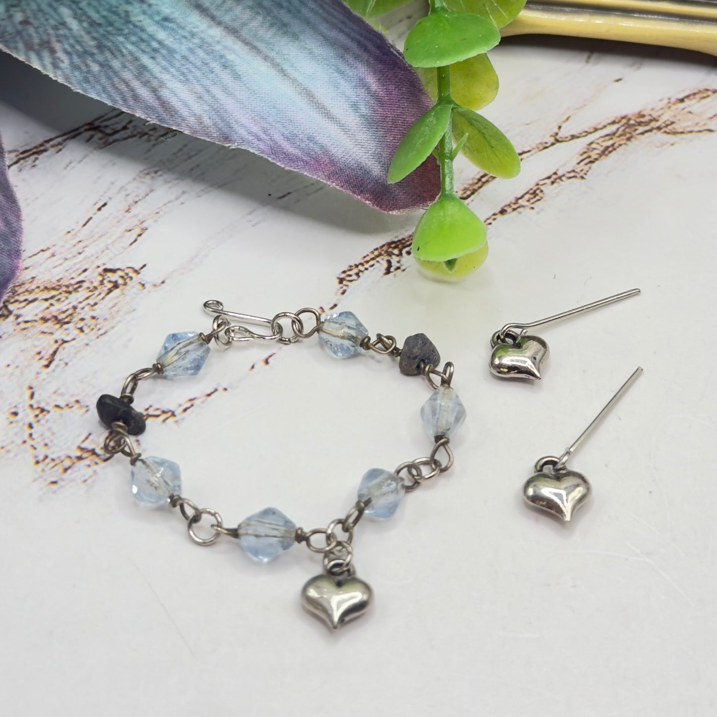 Blue Glass Beaded Silver Heart Charm Doll Necklace & Earrings • 14 Inch Fashion Doll Jewelry