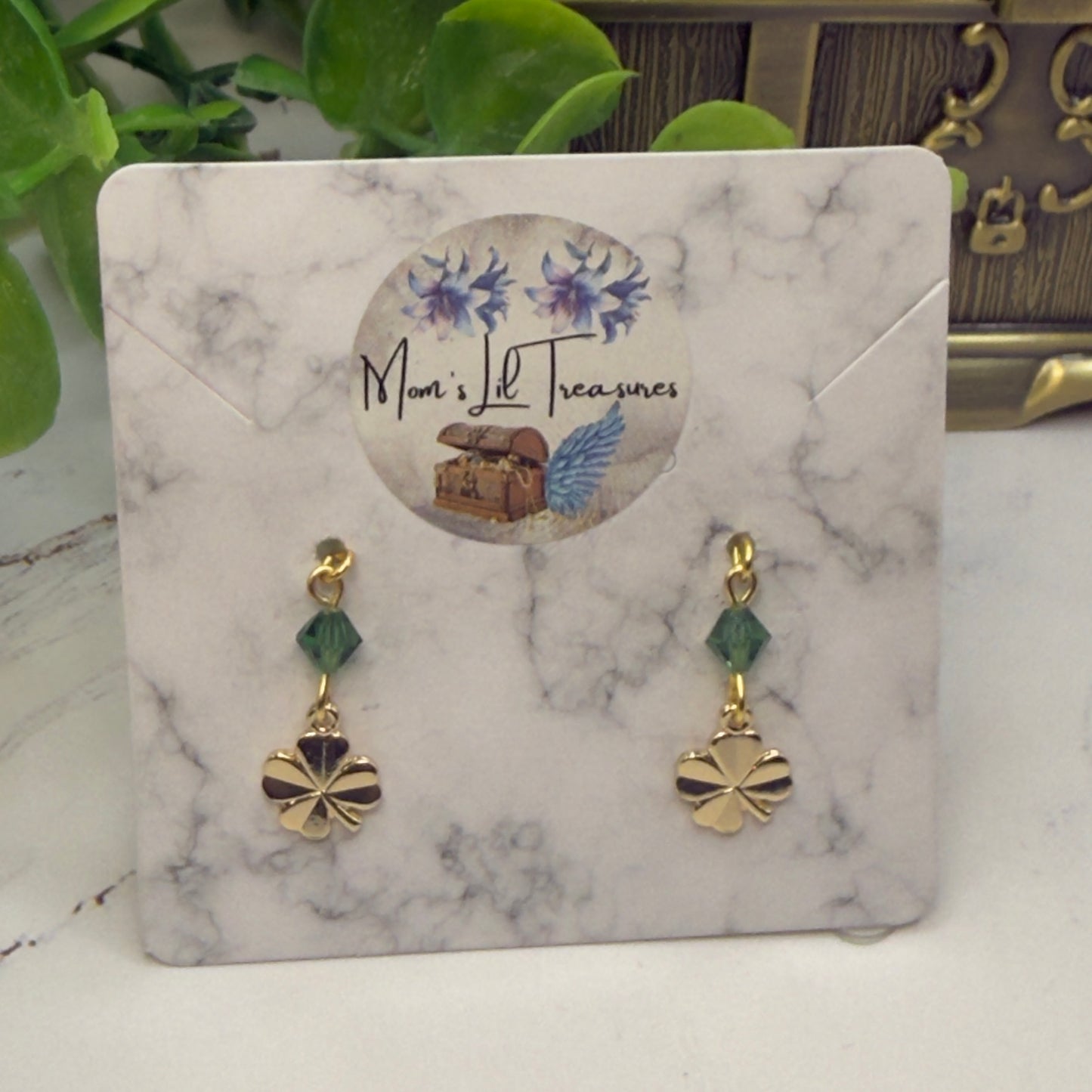 Gold Four-Leaf Clover Green Crystal Dangle Doll Earrings • 18 Inch Fashion Doll Jewelry