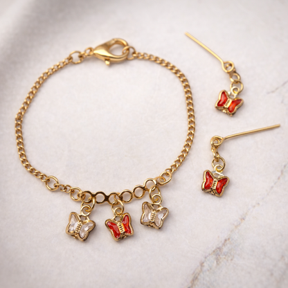 Red & Clear Butterfly Crystal Charms Gold Chain Doll Necklace and Earrings • 18 Inch Fashion Doll Jewelry