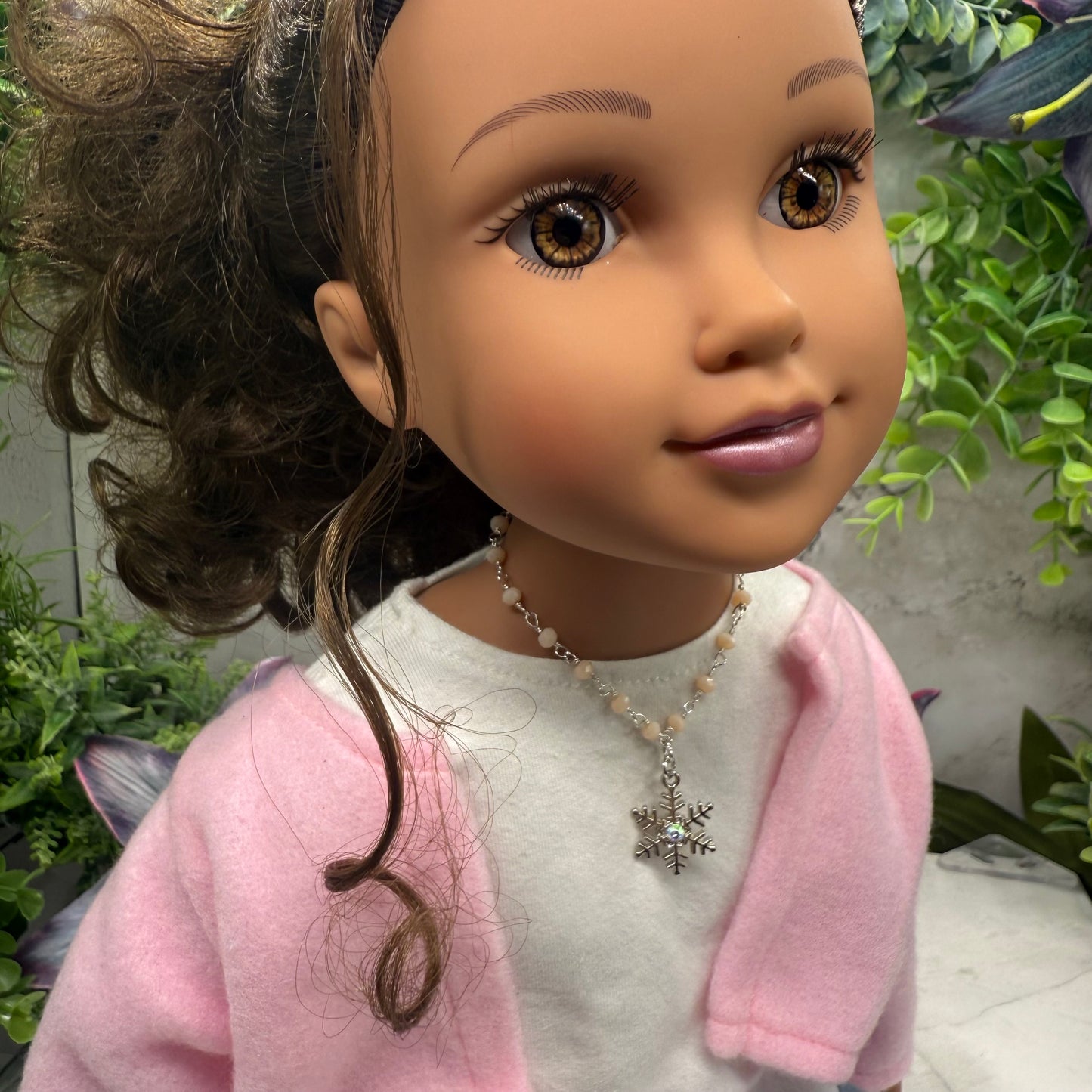 Light Pinkish Beige Glass Crystal Beaded Snowflake Doll Necklace • 18 Inch Fashion Doll Jewelry