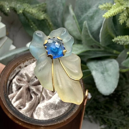 Blue & Clear Acrylic Leaf Blue Rhinestone Gold Tone Accent - 6” Pin • Hatpin