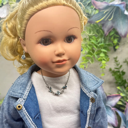 Light Blue Rose Enamel Rhinestone Silver Doll Necklace & Earrings Set • 18 Inch Fashion Doll Jewelry