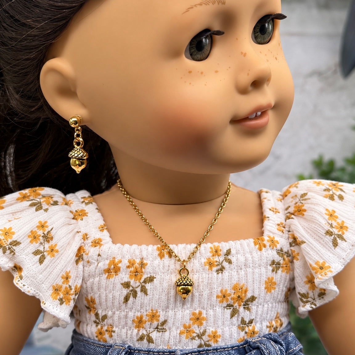 Gold Acorn Fall Charm Doll Necklace & 2mm Post Earrings | for 18 Inch Dolls • American Girl