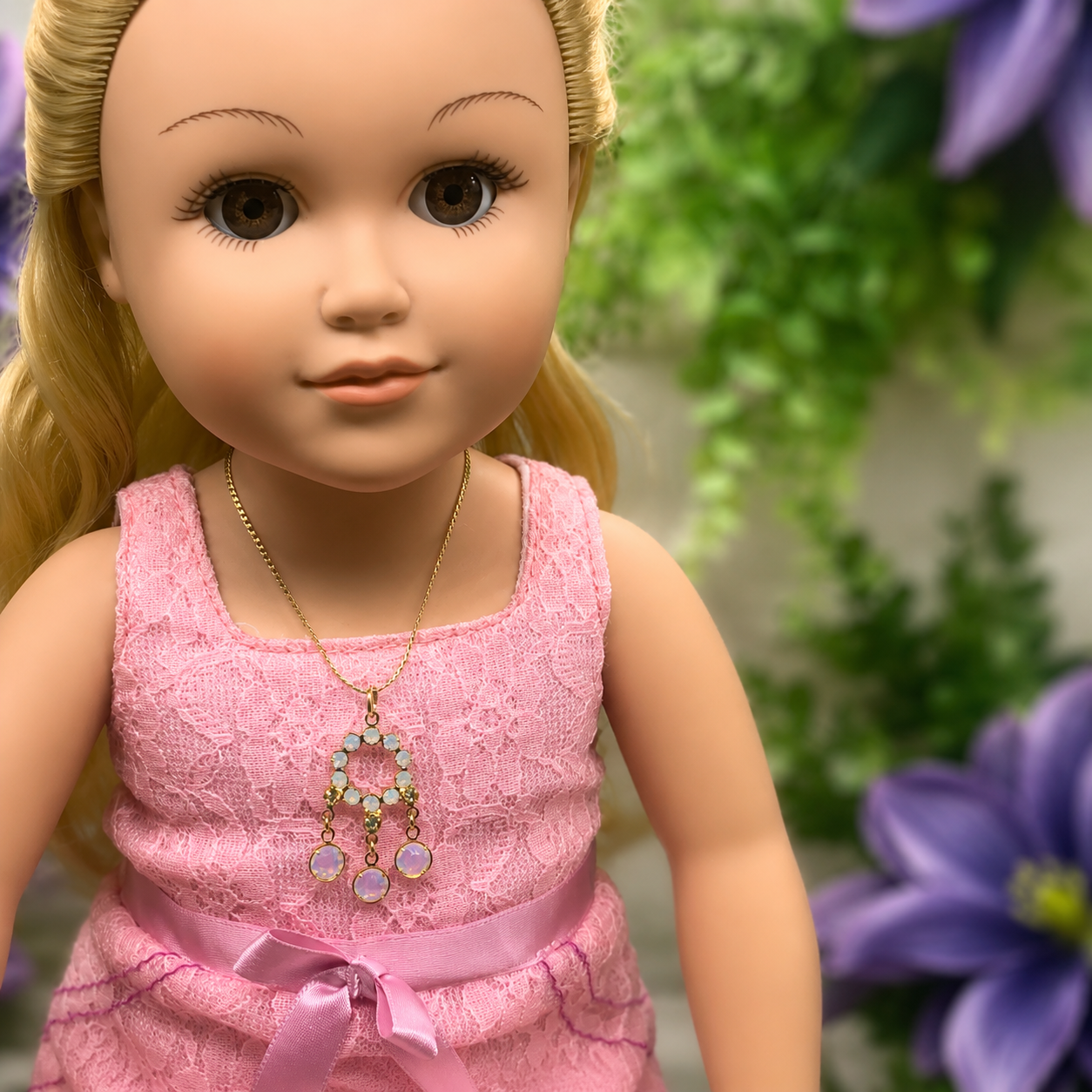 Crystal Rhinestone Gold Dangle Pendant Doll Necklace • 18” Fashion Doll Jewelry