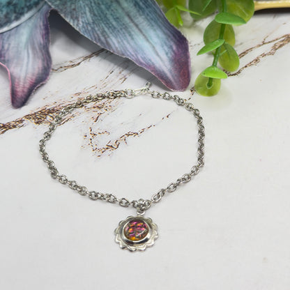 Iridescent Purple Blue Round Flower Design Charm Silver Doll Necklace • 18 Inch Fashion Doll Jewelry