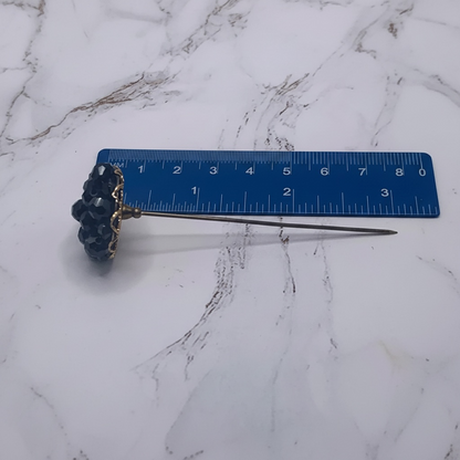 Hatpin - Stick Pin • Black Faceted Crystal Bead Cluster Gold Filigree Base - 3”