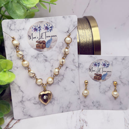 Pearl Beaded Gold Heart Rhinestone Center Necklace & Earrings • 18 Inch Fashion Doll Jewelry