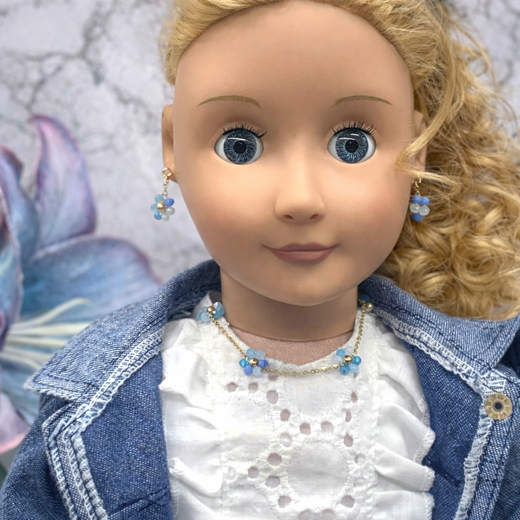Blue Glass Flower Design Gold Chain Necklace Earrings Set • 18” Doll Jewelry