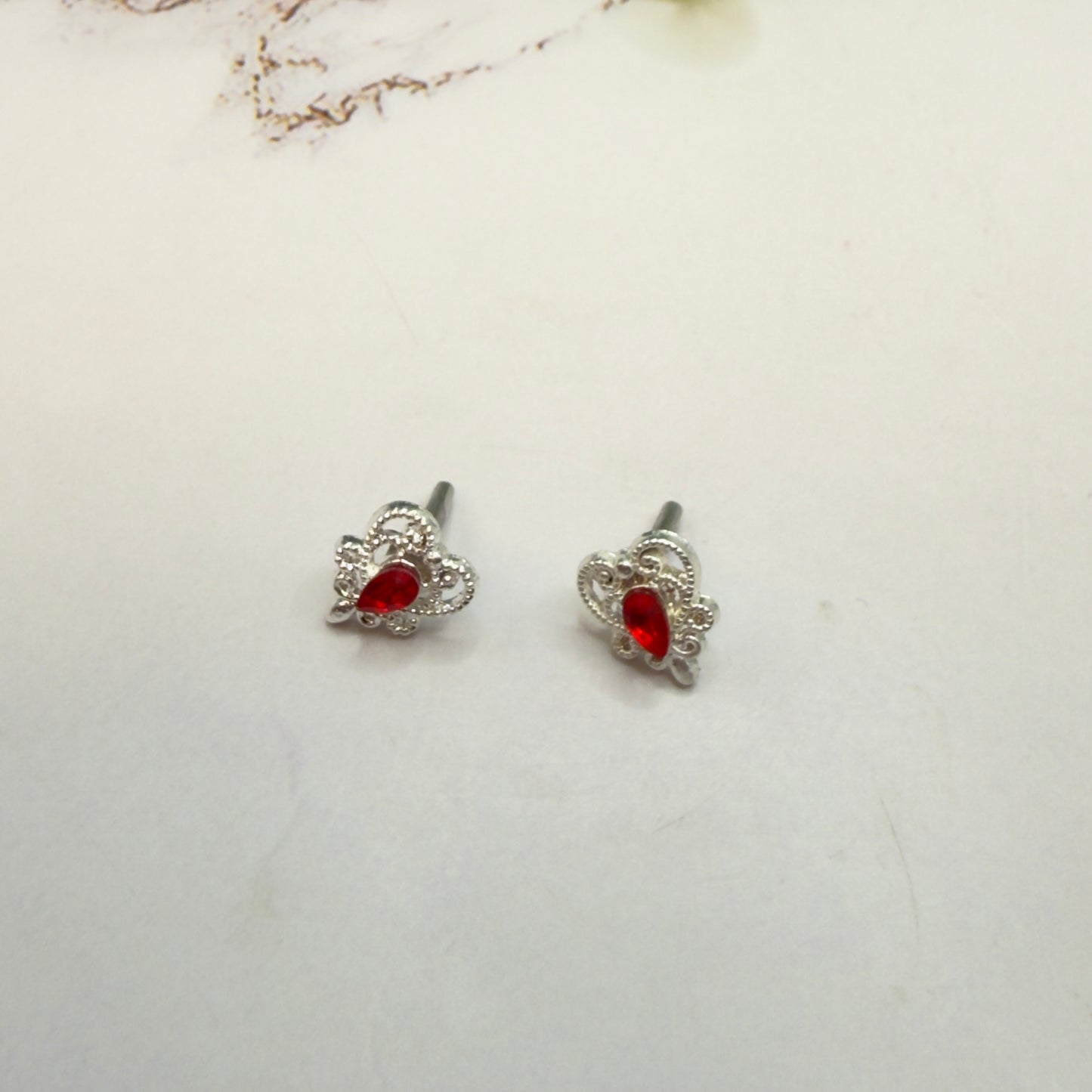 Red Rhinestone Silver Filigree Heart Post Doll Earrings • 2mm and Post for 18 Inch Fashion Doll