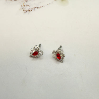 Red Rhinestone Silver Filigree Heart Post Doll Earrings • 2mm and Post for 18 Inch Fashion Doll