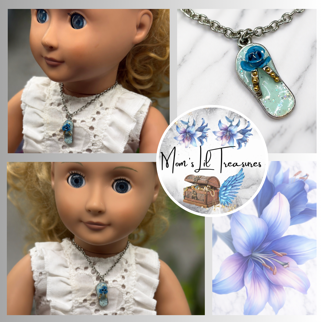 Blue Flip Flip Sandal Rose Accent Charm Silver Doll Necklace for 18 Inch Fashion Doll Jewelry