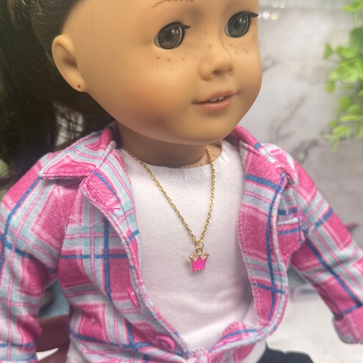 Pink Crown Charm Gold Chain Doll Necklace • 18 Inch Fashion Doll Jewelry