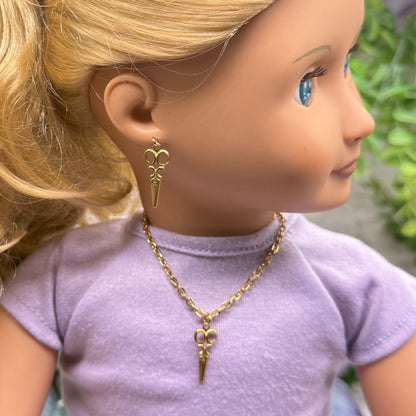 Gold Vintage Style Scissors Charm Doll Necklace & Earrings Set • 18 Inch Fashion Doll Jewelry