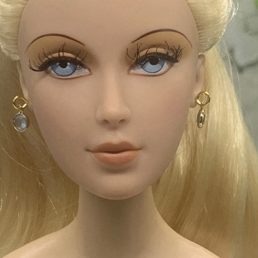 Round Blue Crystal Gold Dangle Doll Earrings •  16” Doll Jewelry