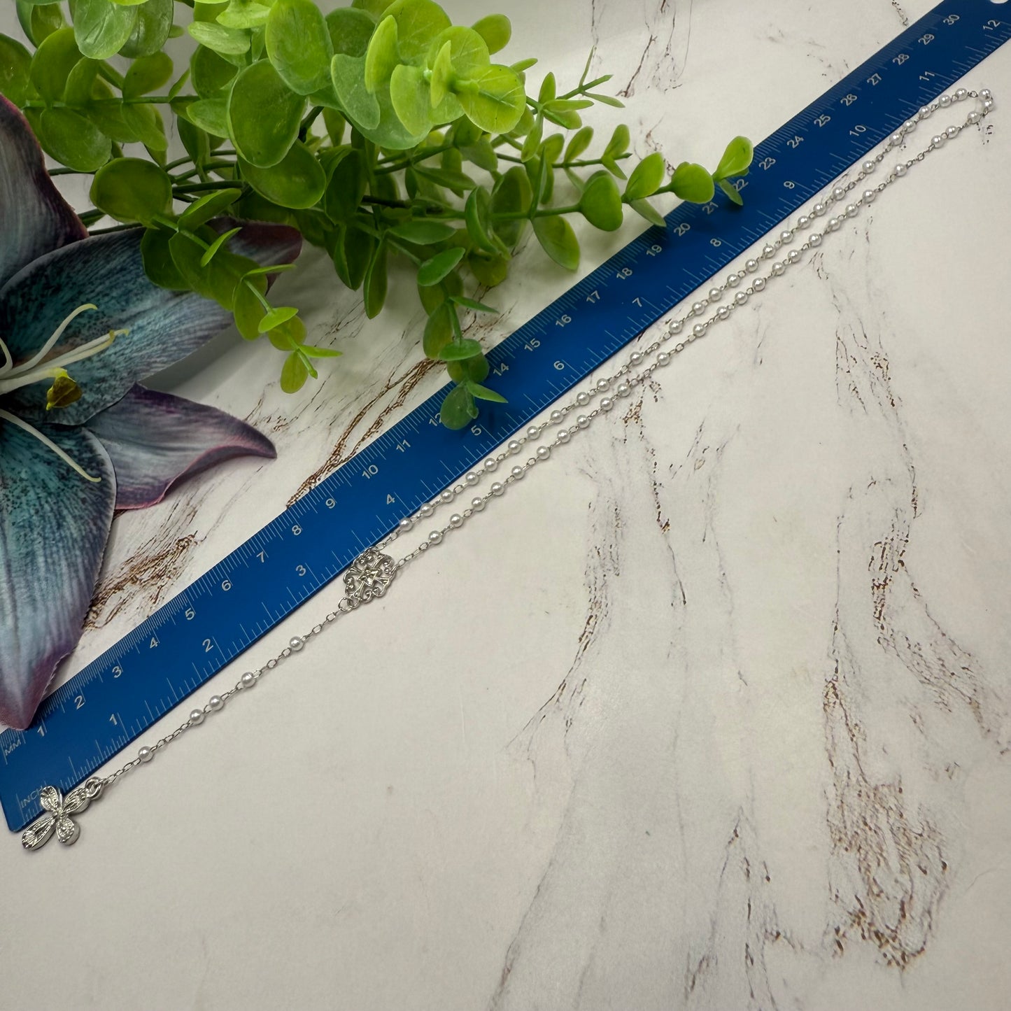 White Pearl Silver Chain & Cross • Doll Size Catholic Rosary for 18-22” Fashion or Vintage Dolls