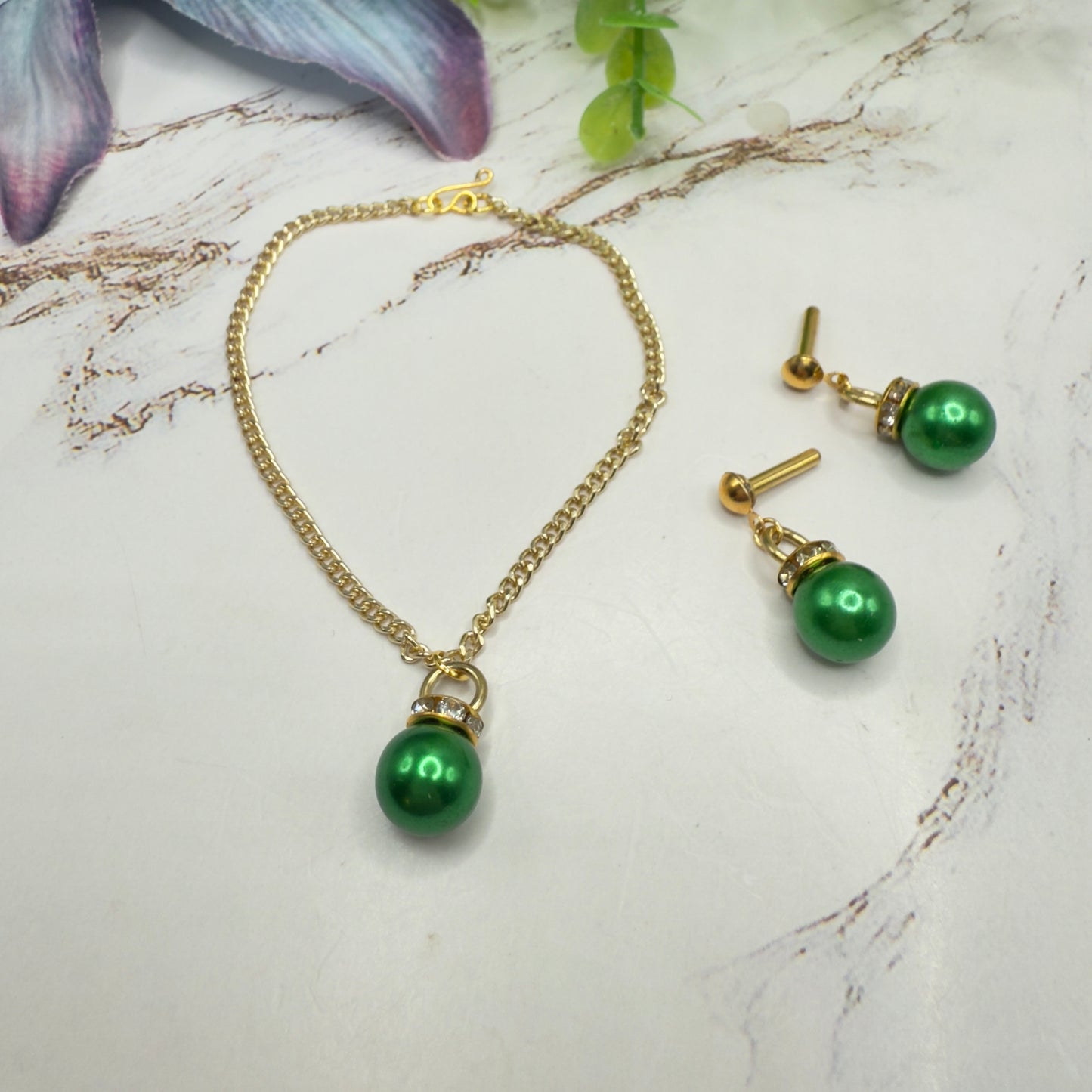 Green Christmas Ball Ornament Charm Doll Necklace & Dangle Doll Earrings • 2mm Post for 18 Inch Fashion Doll