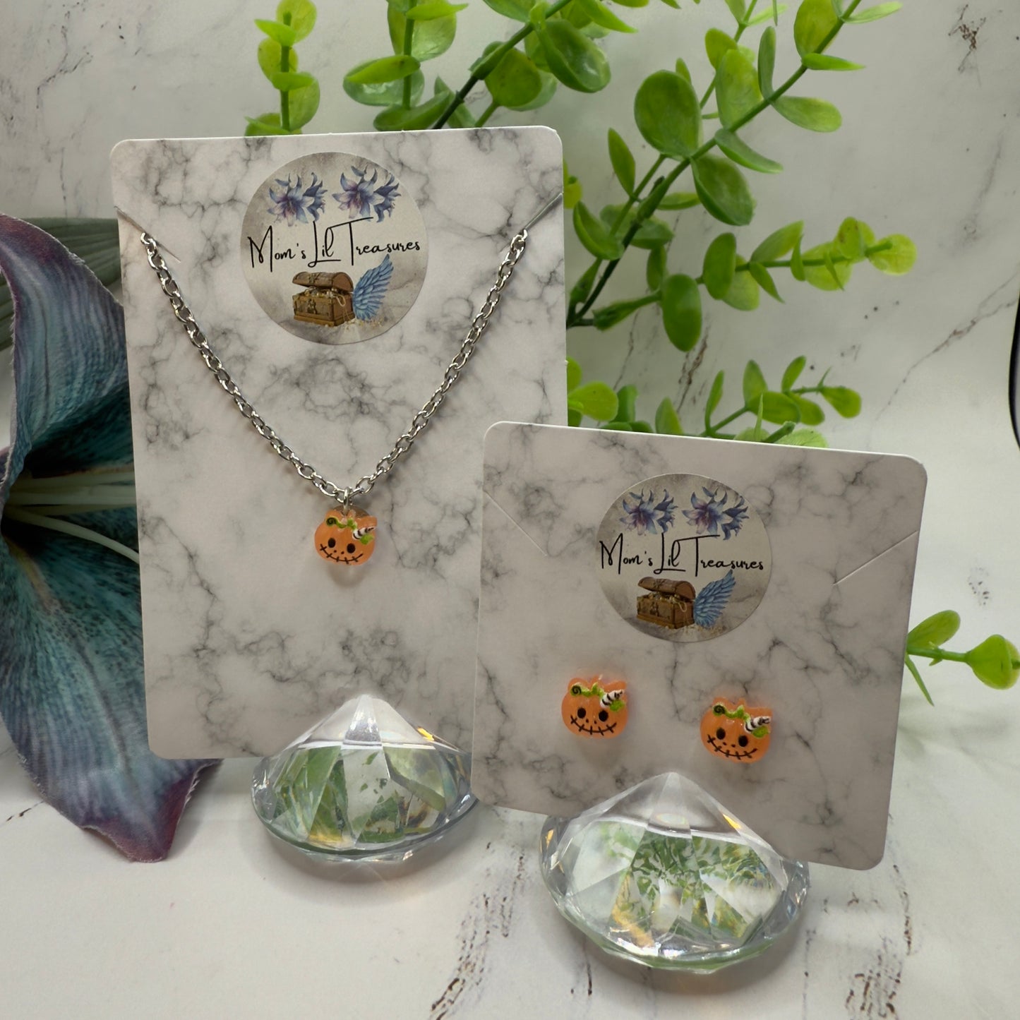 Pumpkin Halloween Acrylic Charm Doll Necklace and Earrings Set • 18 Inch Fashion Doll Jewelry