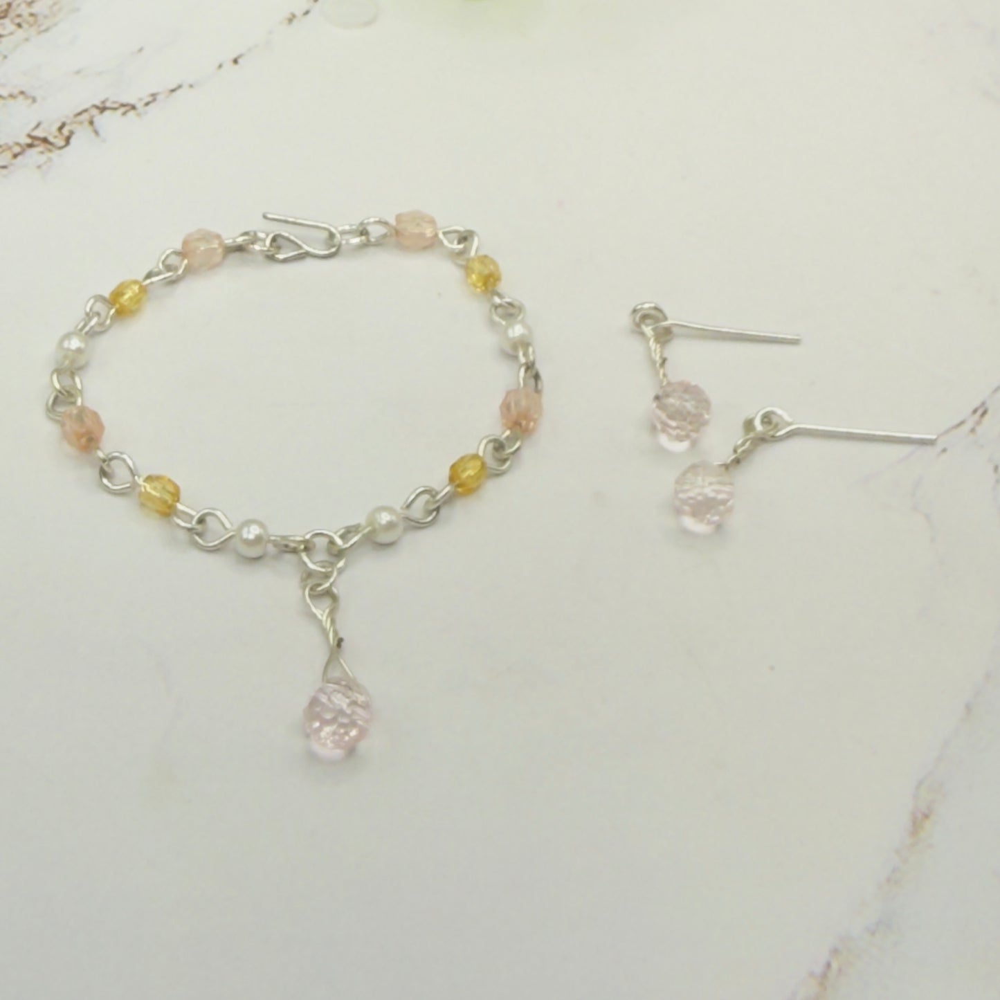 Pink Yellow Pearl Beaded Doll Necklace & Earrings • 14 Inch Fashion Doll Jewelry