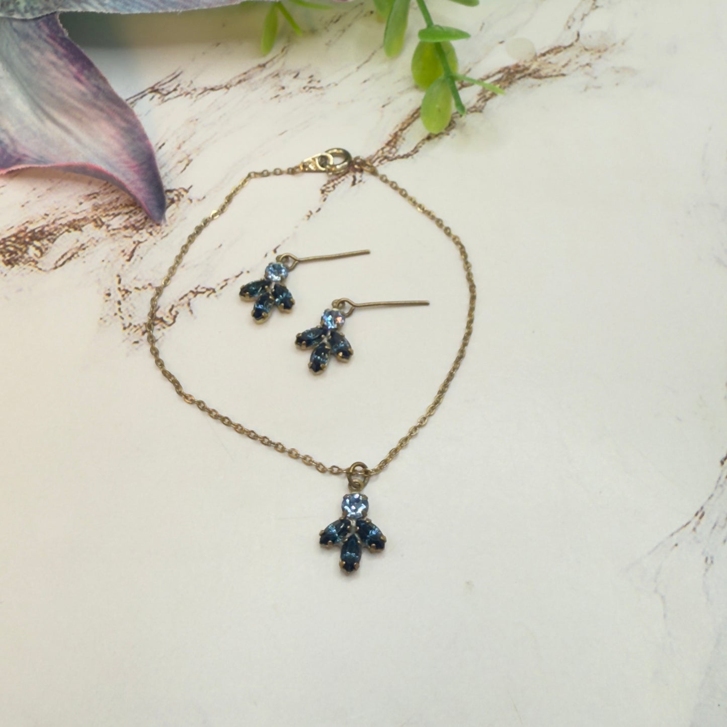 Blue Rhinestone Gold Tone Dangle Doll Earrings and Necklace Set • 18 Inch Fashion Doll Jewelry