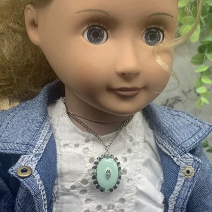 Oval Turquoise Green Locket Rhinestone Detail Doll Necklace • 18” Doll Jewelry