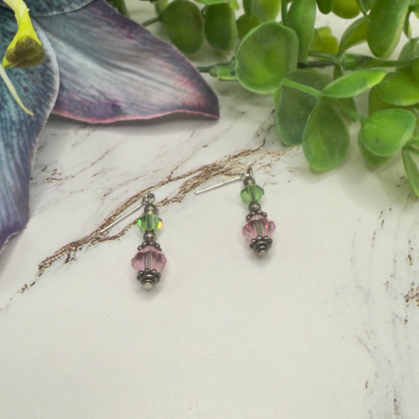 Light Green Pink Glass Crystal Dangle Doll Earrings • 18 Inch Fashion Doll Jewelry