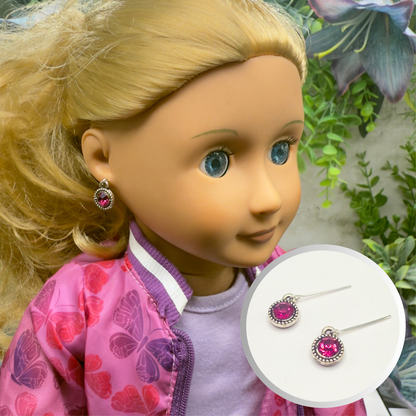 Dark Pink Round Rhinestone Dangle Doll Earrings • 18 Inch Fashion Doll Jewelry