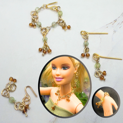 Green Brown Glass Dangle Doll Necklace Earrings Bracelet Set • 10-12” 1:6 Fashion Doll Jewelry