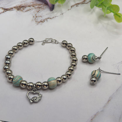 Turquoise Blue Swirl & Silver Beaded Doll Necklace & Earrings Set • 18 Inch Fashion Doll Jewelry