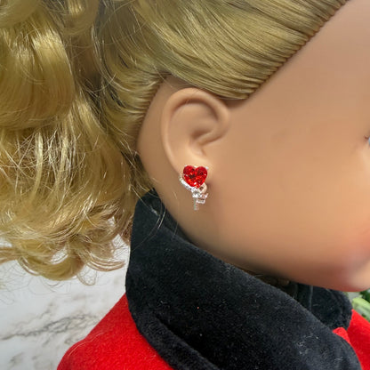 Red Rhinestone Heart Silver Key Design Post Doll Earrings • 18 Inch Fashion Doll Jewelry