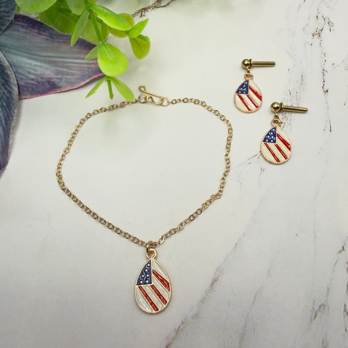 Red White Blue Patriotic Flag Design Teardrop Charm Doll Necklace & 2mm Post Earrings for 18 Inch Fashion Doll