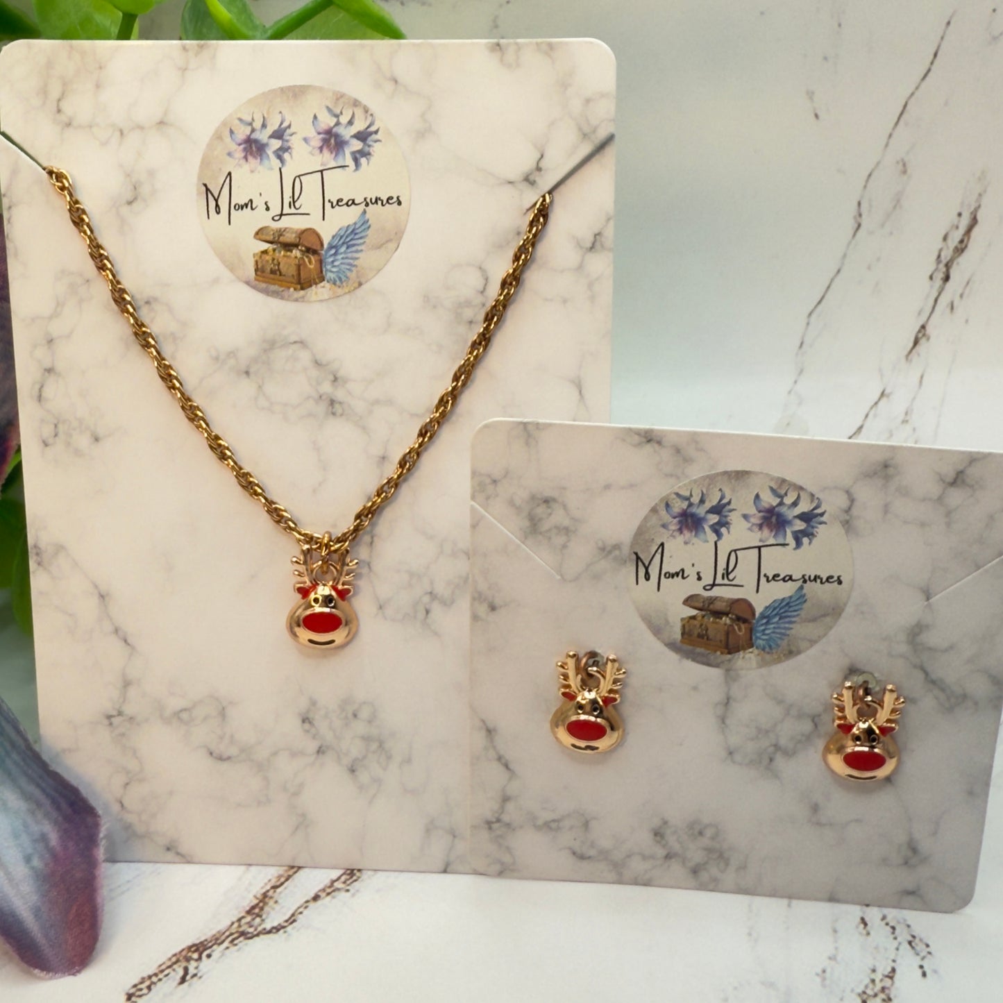 Copper Rose Gold Tone Rudolph Red Nose Reindeer Doll Necklace & Earrings Set • 18 Inch Fashion Doll Jewelry