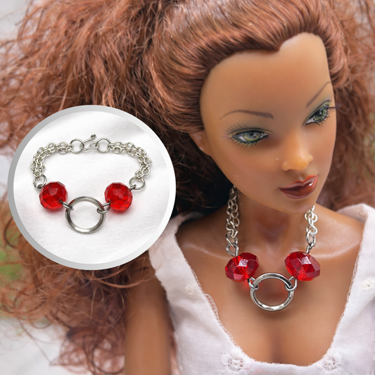 Red Faceted Acrylic Crystal Silver Ring Doll Necklace • 16 Inch Fashion Doll Jewelry