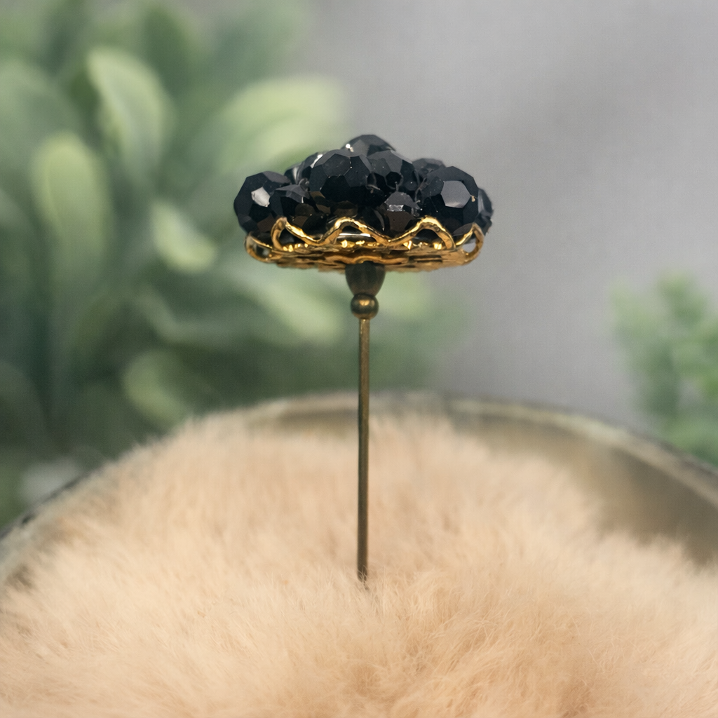 Hatpin - Stick Pin • Black Faceted Crystal Bead Cluster Gold Filigree Base - 3”
