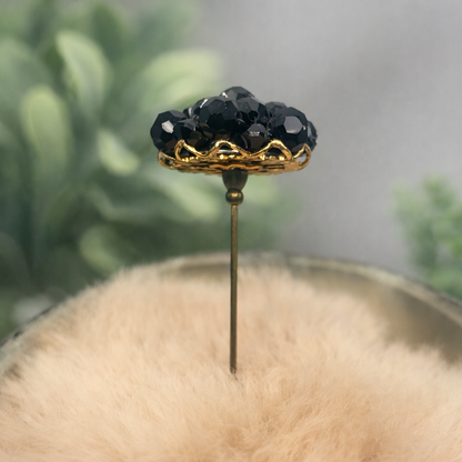 Hatpin - Stick Pin • Black Faceted Crystal Bead Cluster Gold Filigree Base - 3”
