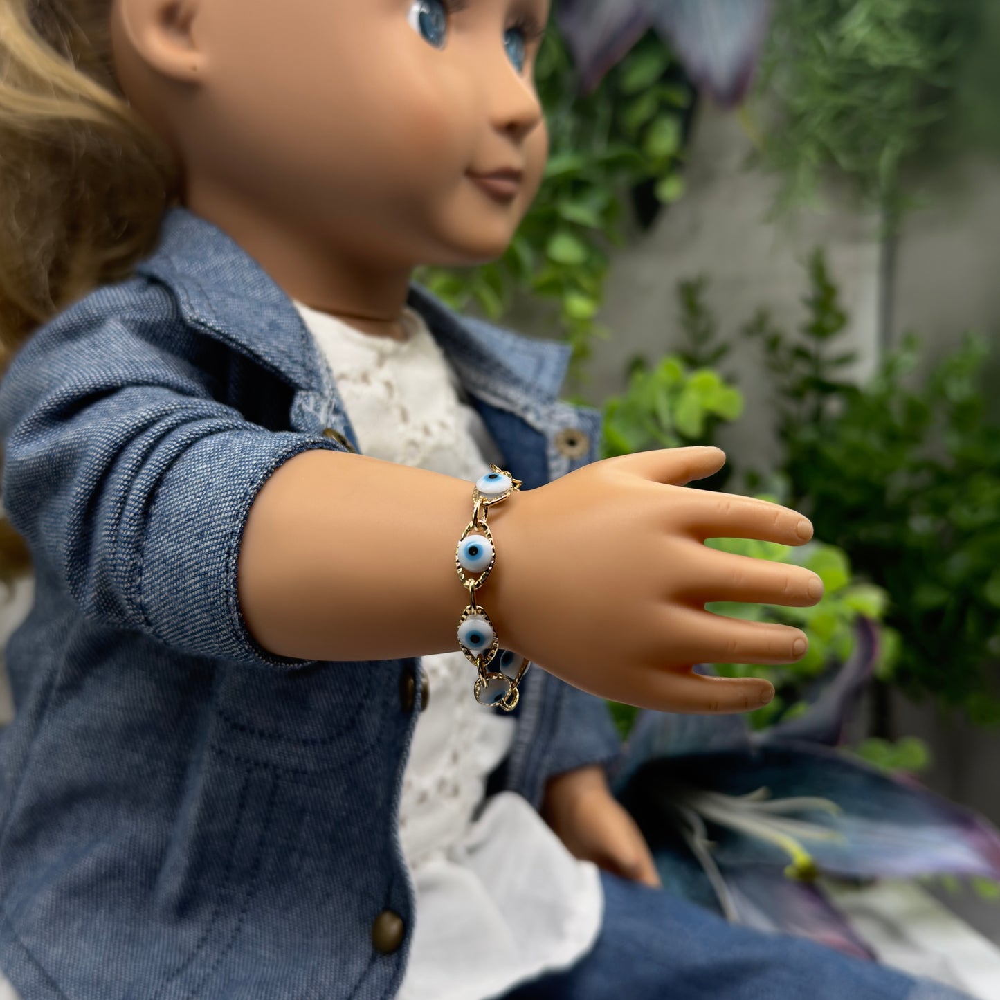 Blue Evil Eye Good Luck Gold Link Doll Bracelet • 18 Inch Fashion Doll Jewelry