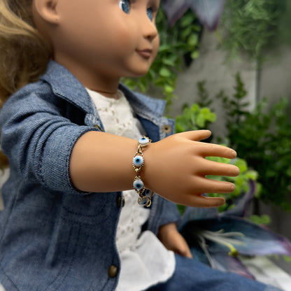 Blue Evil Eye Good Luck Gold Link Doll Bracelet • 18 Inch Fashion Doll Jewelry