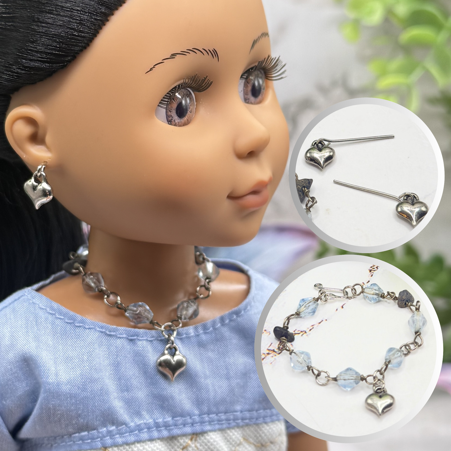 Blue Glass Beaded Silver Heart Charm Doll Necklace & Earrings • 14 Inch Fashion Doll Jewelry
