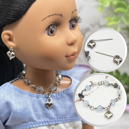 Blue Glass Beaded Silver Heart Charm Doll Necklace & Earrings • 14 Inch Fashion Doll Jewelry